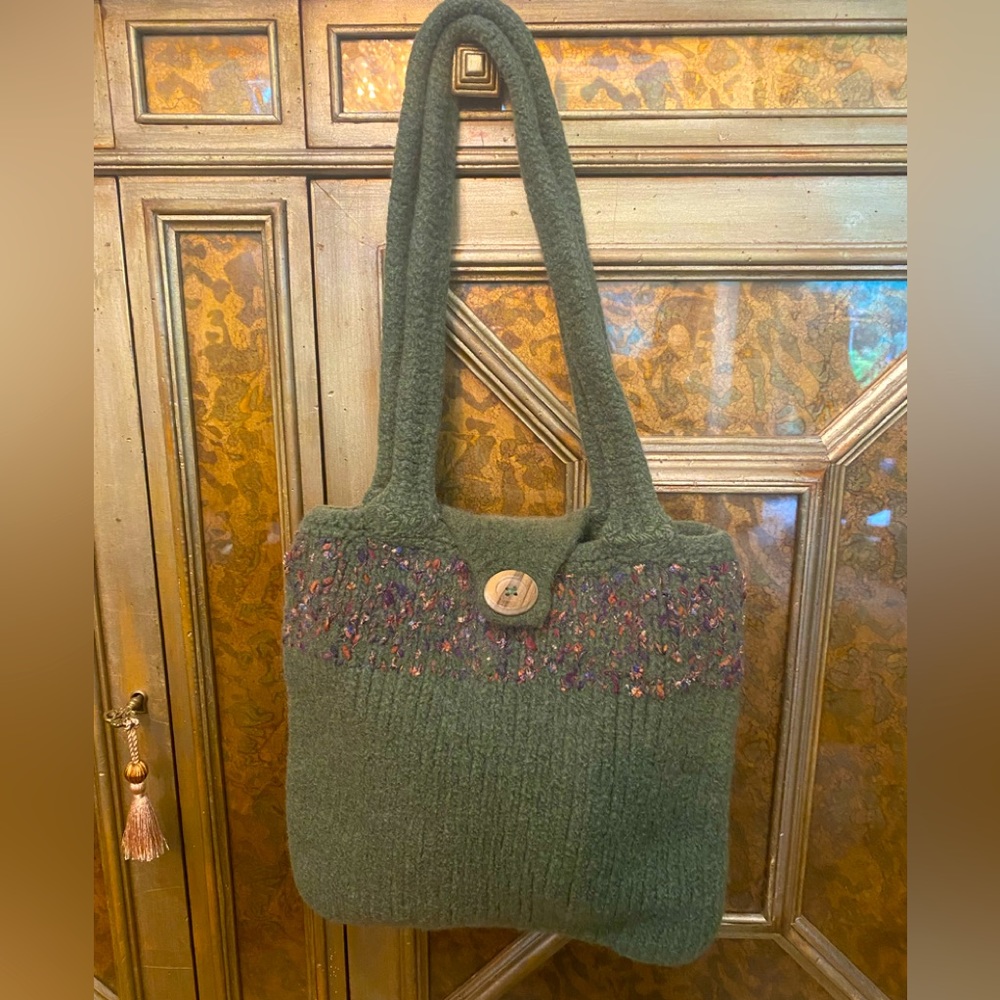Handmade moss green boiled wool slouchy purse